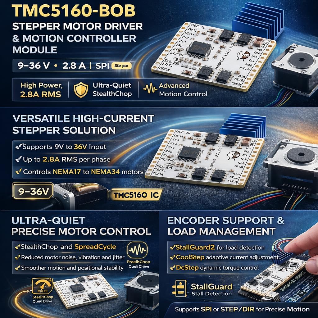 TMC5160‑BOB Stepper Motor Driver and Motion Controller Module, 9–36 V, 2.8 A RMS, SPI Step DIR