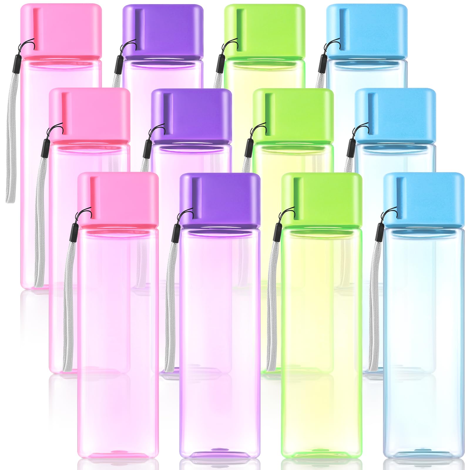Olgaa 12 Pcs Water Bottle Bulk 16oz Kids Water Bottle Reusable Leak Portable Plastic Sports Drink Water Bottles With Handle Strap for Cycling Camping Hiking Gym Yoga (Light colors, 12)