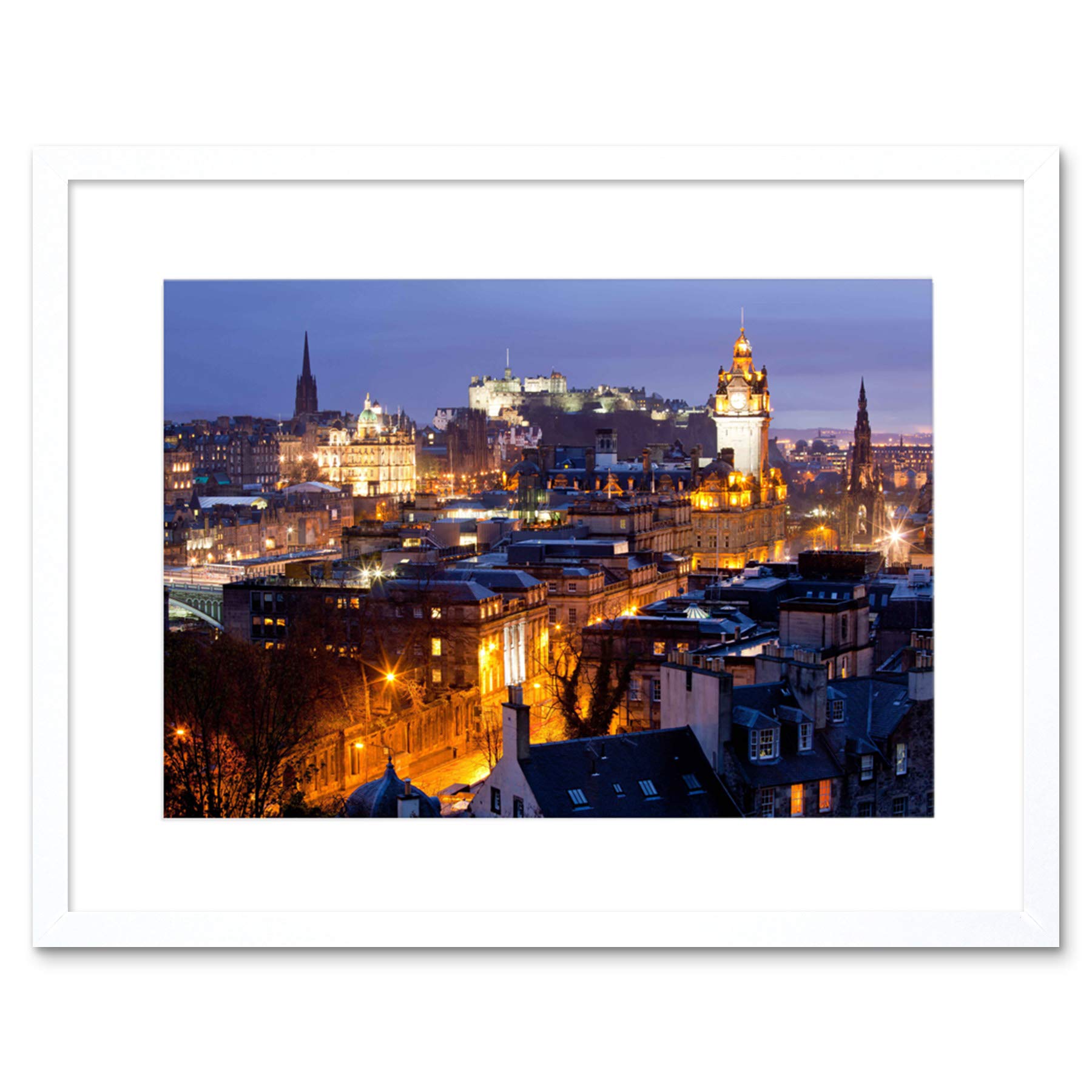 Wee Blue Coo Photo Cityscape Edinburgh Scotland Castle Scott Monument Night Framed Wall Art Print