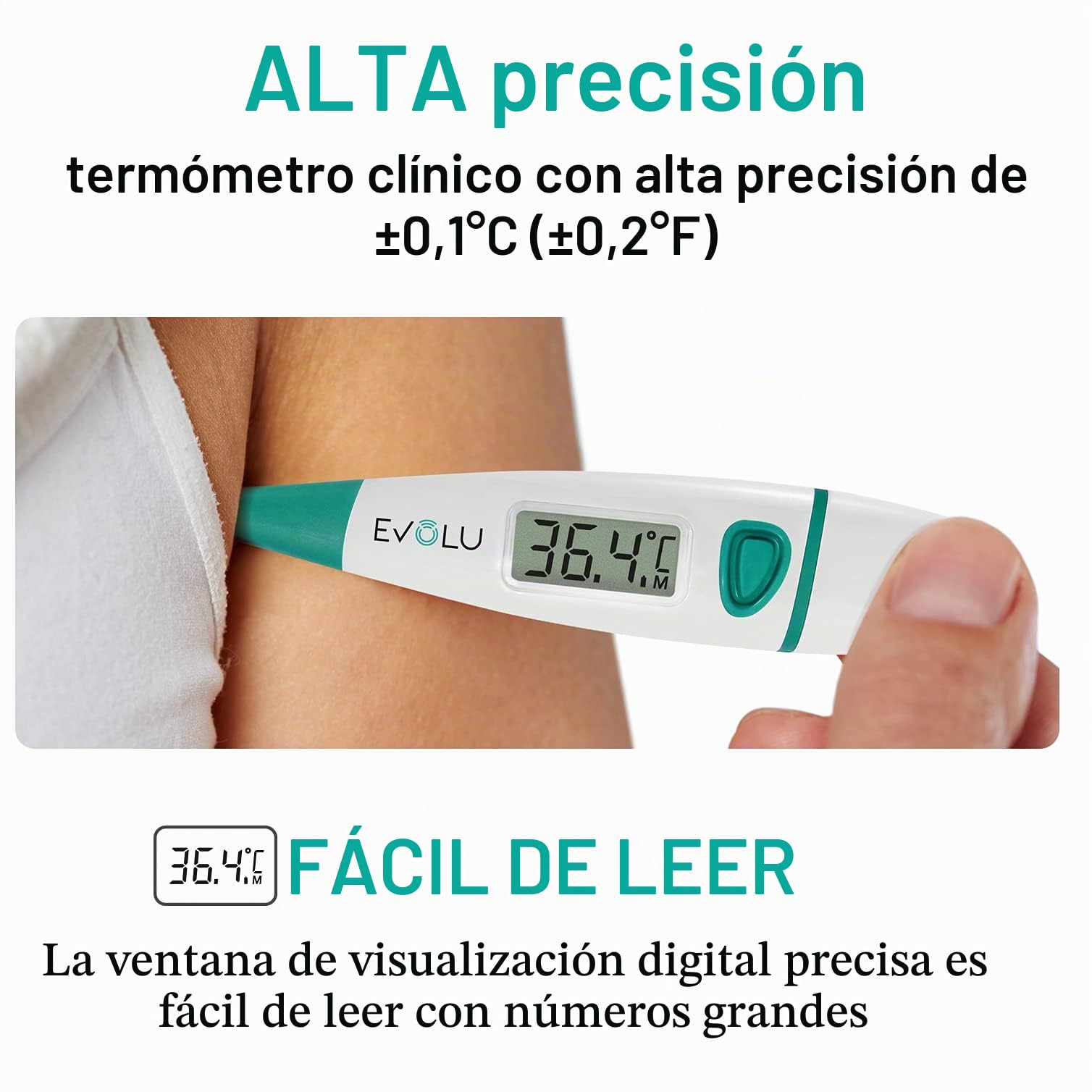 Evolu Termómetro digital - Mide la temperatura oral, rectal o axilar en 10 segundos - Punta flexible - Para bebés, niños, adultos - Exactitud hasta 0,1°C Pantalla de fácil lectura con funda