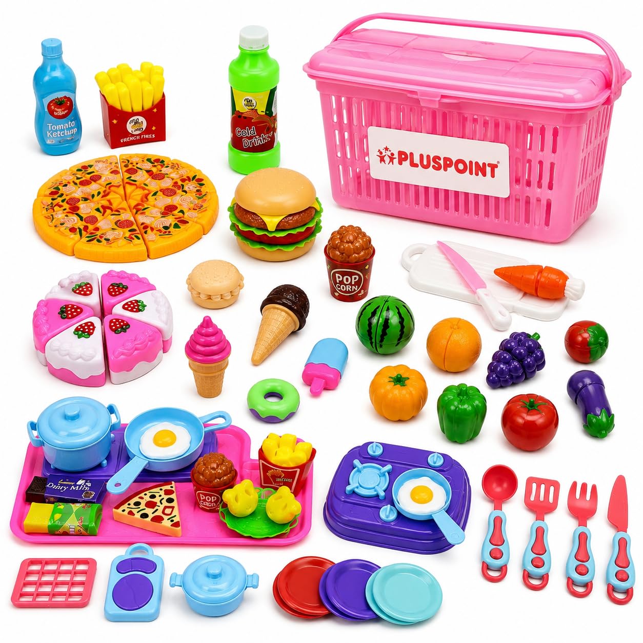 PLUSPOINT The Big Basket Fruit Cutting Toy with Storage Basket Realistic Sliceable Fruits and Vegetable Pretend play kids Set includes( CAKE+PIZZA+FAST FOOD+FRUIT + VEGETABLE+ KITCHEN (The Big Basket)-image-25