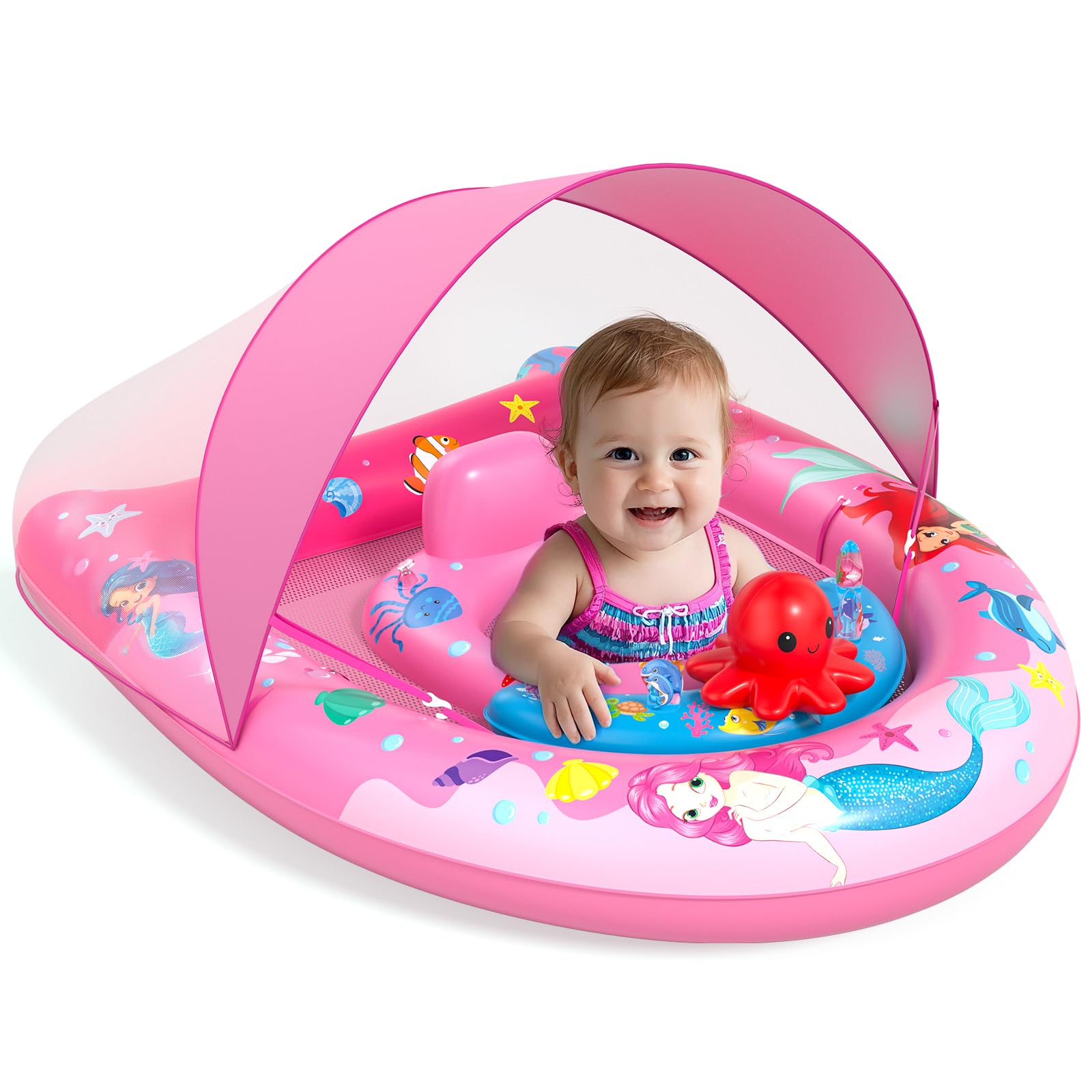 Baby Swimming Float,Baby Pool Float with UPF50+ Sun Canopy,Inflatable Baby Swim Float,Toddler Pool Swimming Float for 6-36 Months,Adjustable Safety Seat Baby Swim Ring for 6 9 12 18 24 36 Months