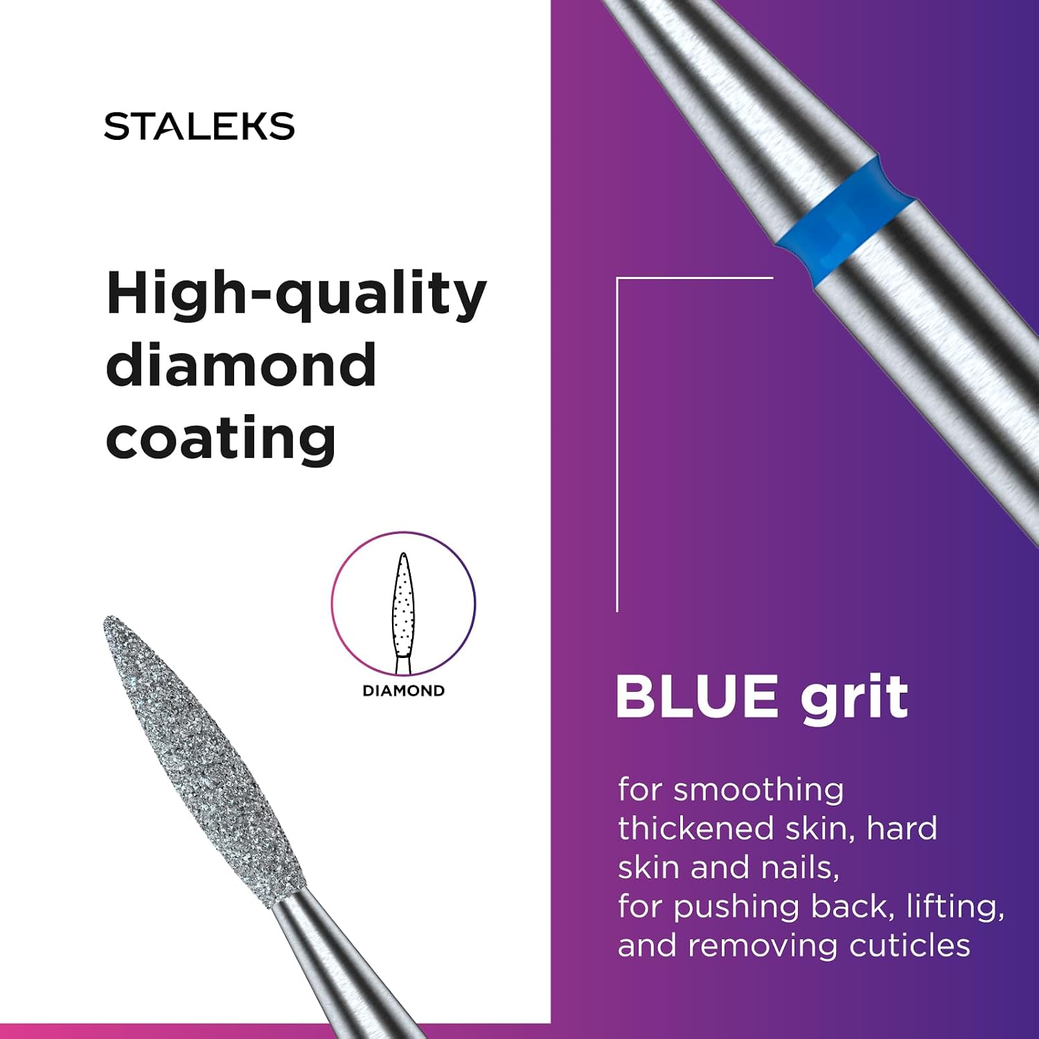 STALEKS PRO Expert Diamond Nail Drill Bit (Pointed Flame, Blue, 1.6mm Head / 8mm WP) – Medium Abrasiveness for Delicate Cuticle & Sidewall Processing in Hardware Manicure/Pedicure
