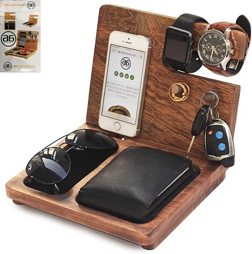Miniatura 5 de ABHANDICRAFTS Organizador de mesita de noche, estación de acoplamiento de madera, cartera, soporte de reloj, soporte para llaves, el mejor regalo