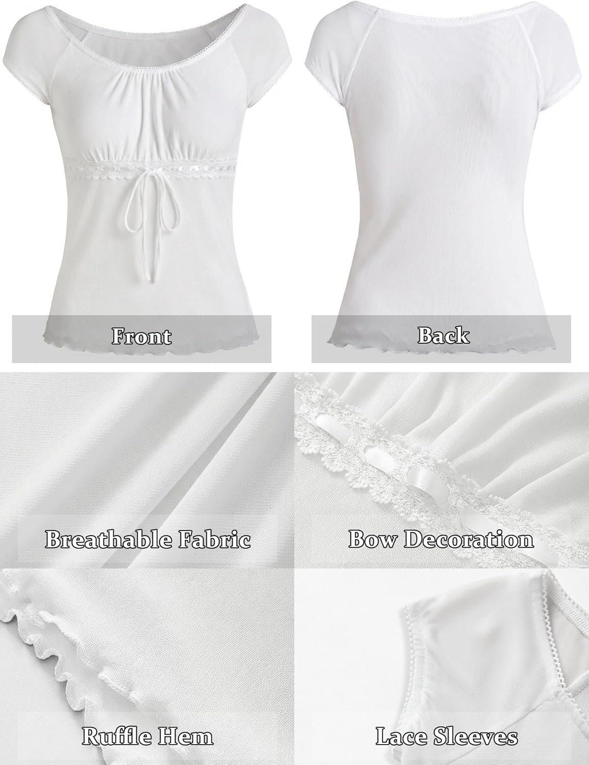 Y2K Mesh Top Women Babydoll Short Sleeve Shirt Scoop Neck Ruffle Hem Clothes - Image 6