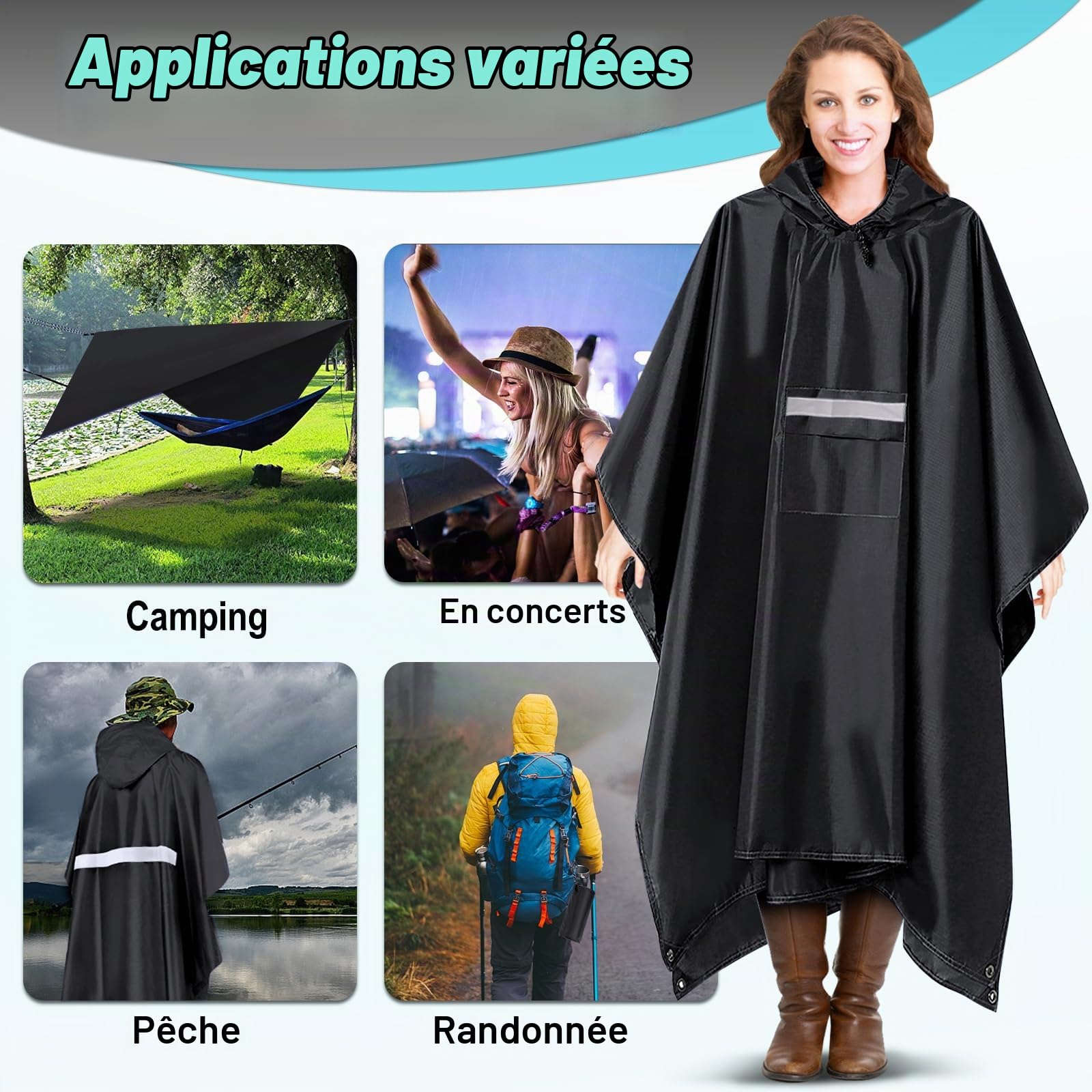 Poncho Pluie Imperméable 225 X 140CM Cape de Pluie Réutilisable Poncho Légère Respirant Grand Poncho de Pluie Unisexe avec Capuche et Poche pour Extérieur Randonnée Camping Vélo