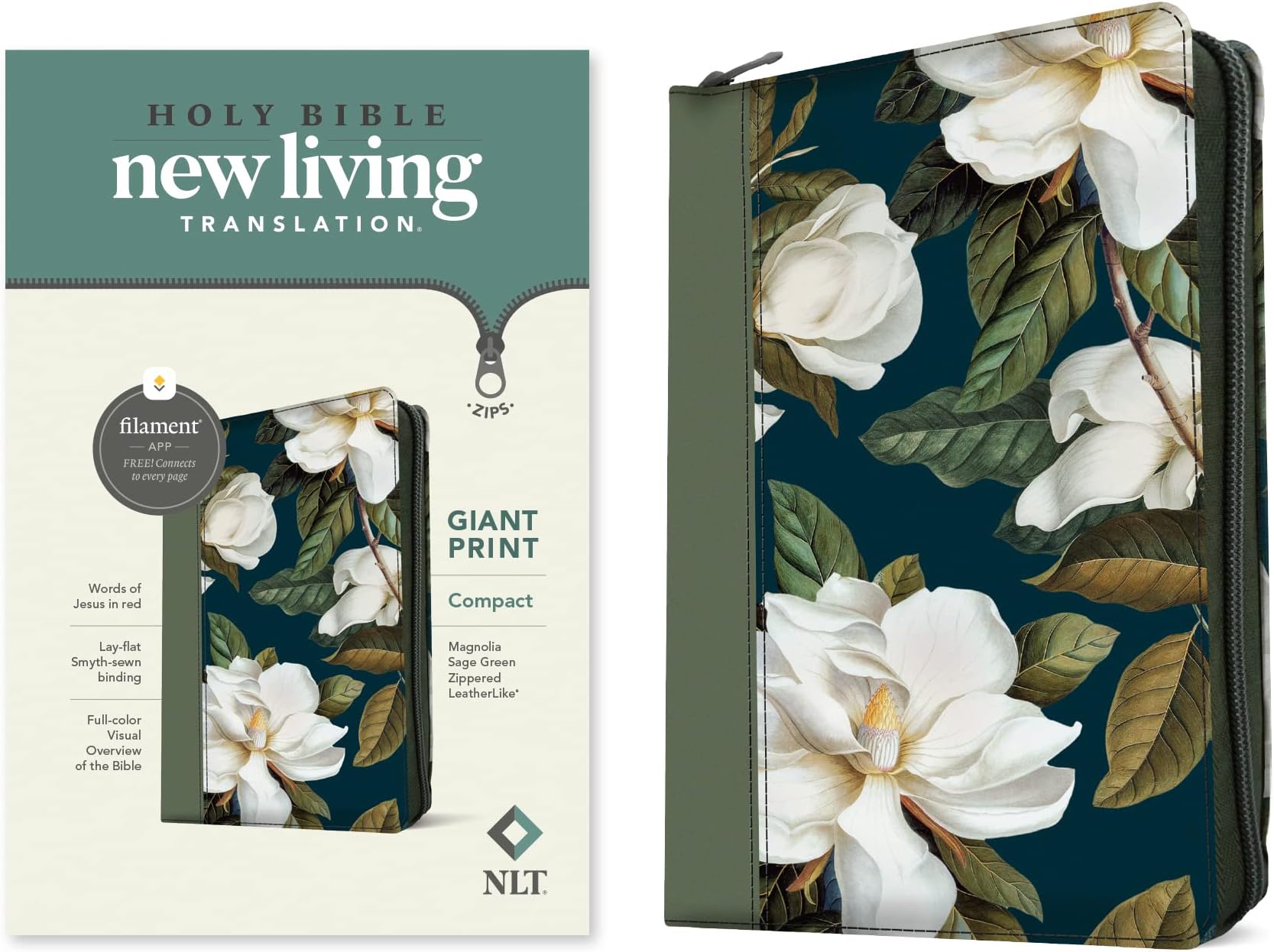 NLT Compact Giant Print Zipper Bible, Filament Enabled (LeatherLike, Magnolia Sage Green, Red Letter)