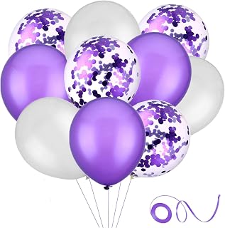 30PCS Confetti Balloons Latex Balloons with 10m Ribbon-Engagement/Wedding/Baby Showers Birthday Holiday Party Decoration (White and Purple)