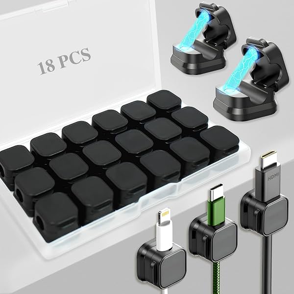 18 paquetes de soporte para organizador de cables, clips magnéticos para cables, gestión fácil con adhesivo para guardar cables de cargador USB de teléfono, ocultar u organizar cables de escritorio para cocina, oficina, coche, mesita de noche (negro)