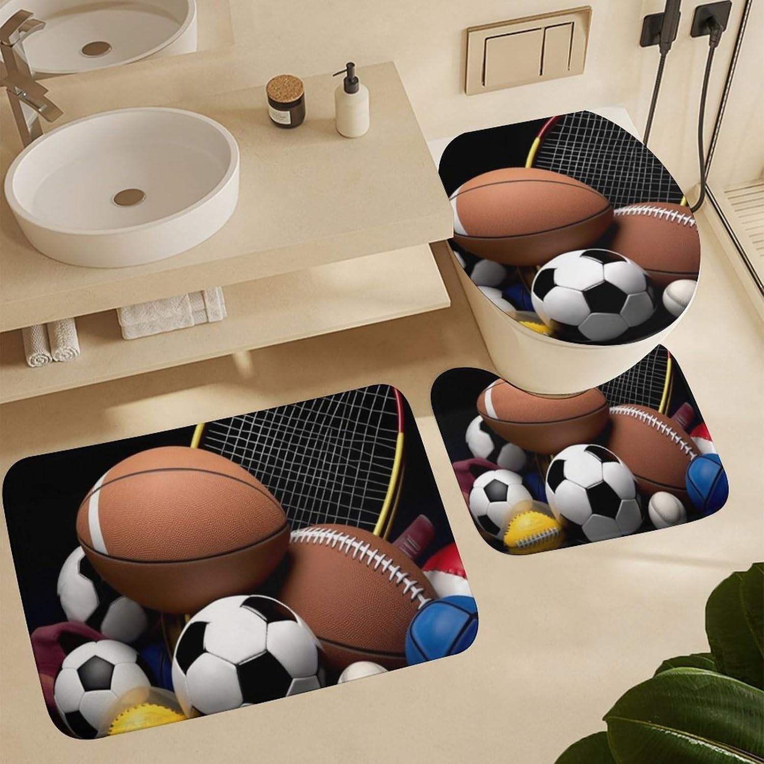 Anti-Skid Floor Mats 3 Piece Set,Sports Themed Printed Coral Fleece Bathroom Mats U-Shaped Contour Mat Toilet Seat Cover for Bathroom, Tub, Shower, Kitchen 19.7"x31.5"