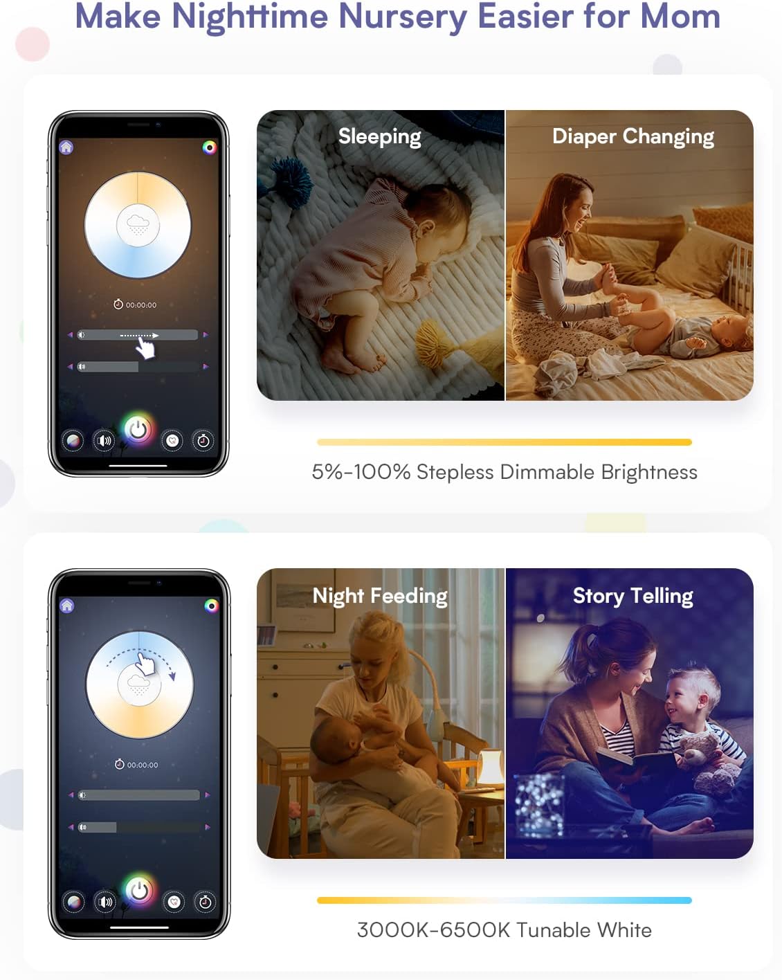 App control for dimmable brightness for sleeping and diaper changing