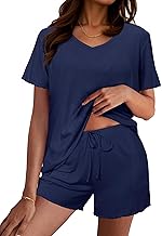 Women's Pyjamas with Cotton Summer Short Pajamas Lightweight Two Piece Comfortable Home Short Sleeve with Drawstring for Home and Casual