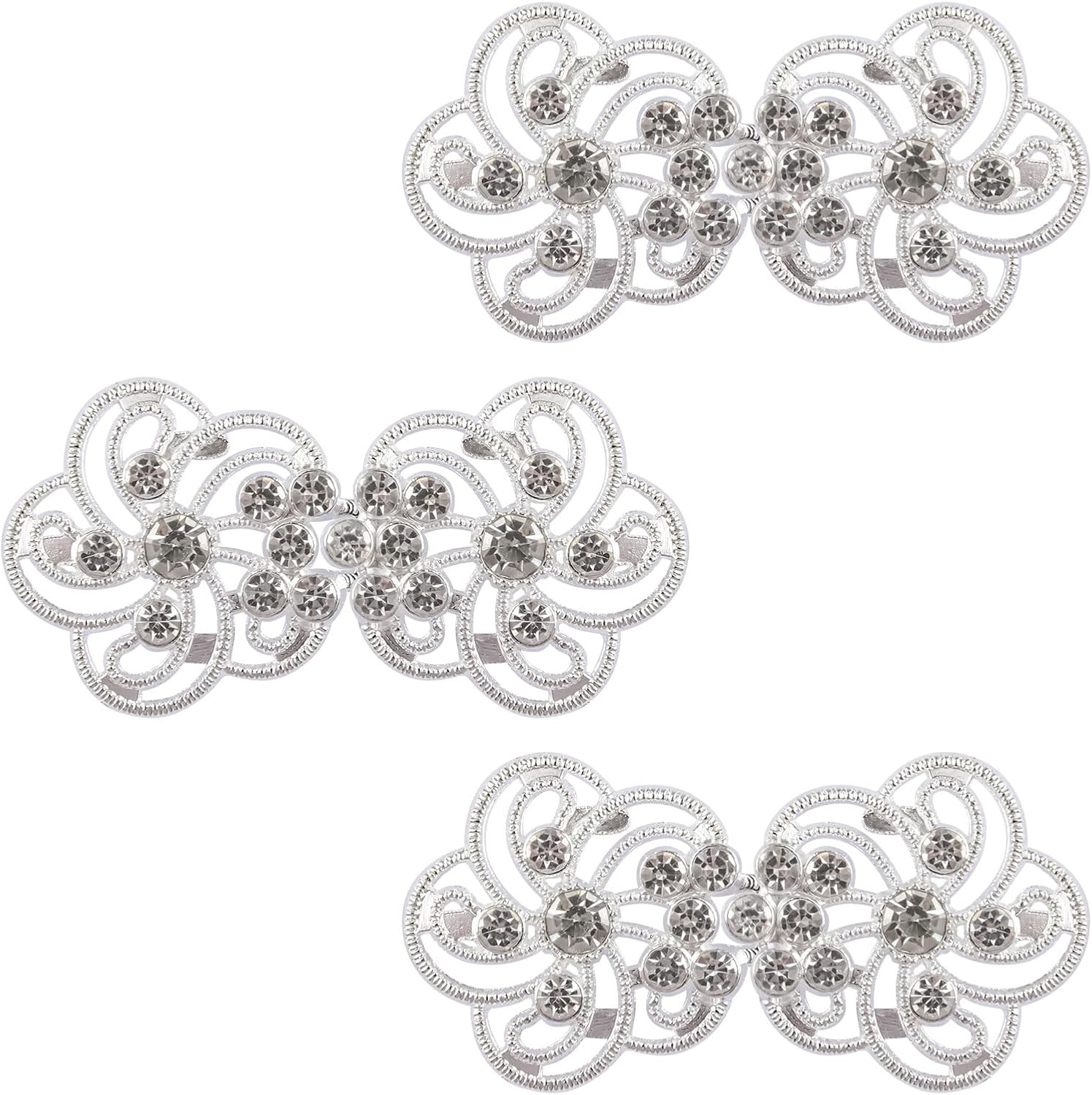 WANDIC Cloak Clasp Fasteners, 3 Pairs 2.7 * 5.5cm Sewing Buttons Silver Diamond Flower Sweater Shawl Clip(requires sewing)