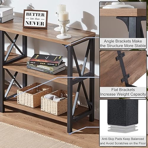 Miniatura 76 de IBF Mesa de entrada de granja, mesa consola larga rústica detrás del sofá, moderna mesa de sofá de madera de metal con estantes de almacenamiento,