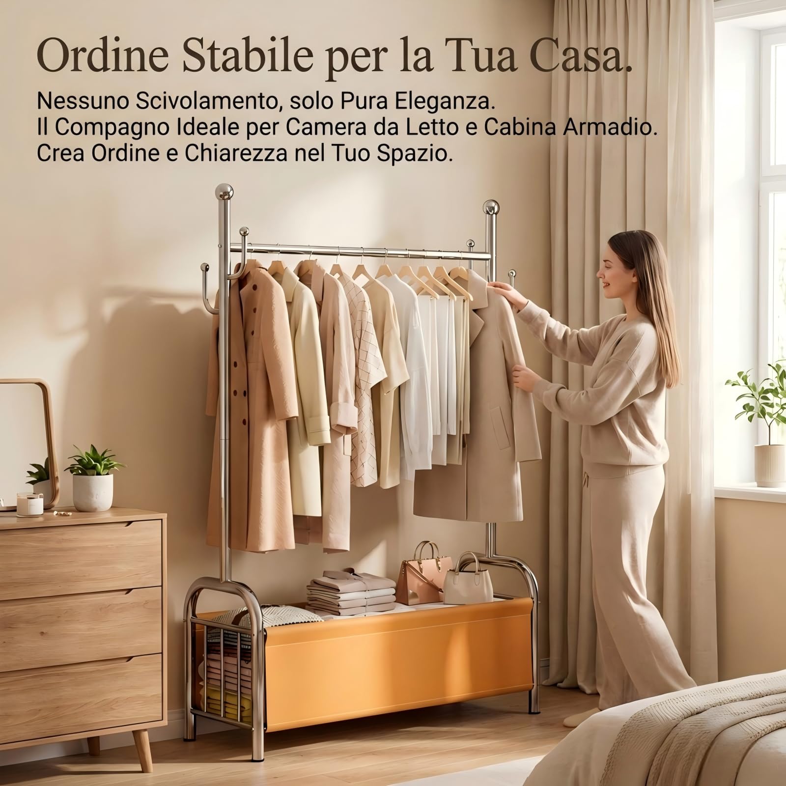 Appendiabiti da Terra in Acciaio Inox, Stand Appendiabiti con Cestino Portaoggetti in Pelle, 115 kg, Porta Abiti Stabile, Attaccapanni, Porta Vestiti da Camera, Organizzazione Casa - 3