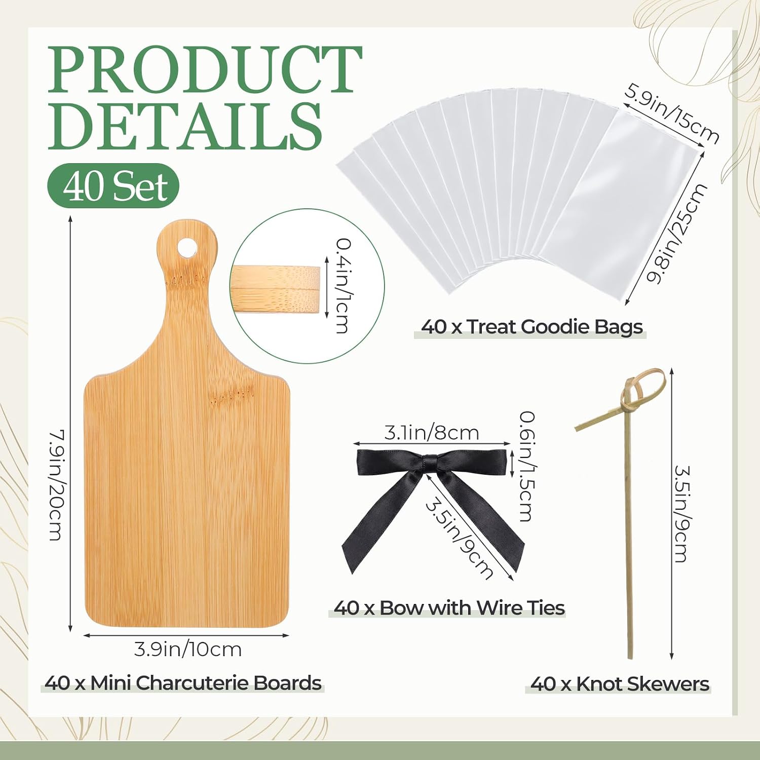 40 Pack Mini Bamboo Charcuterie Board Set with Clear OPP Bags & Black Bow Ties, Individual Serving Boards for Bridal Shower, Baby Shower & Wedding Favors Gift-ready Bulk Set with Skewers