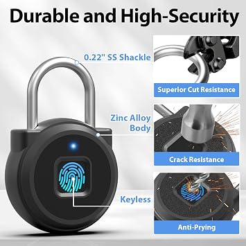 Anweller Fingerprint Padlock,Fingerprint Locker Lock,Biometric Smart Padlock Outdoor Waterproof Pad Lock for Locker Gym Fence Gate Toolbox Case Storage Black