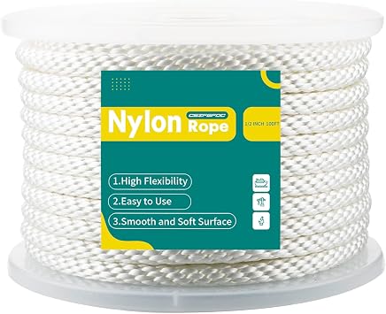 1/2 Inch Nylon Rope 100 Ft Solid Braid High UV and Abrasion Resistance, Multipurpose Tightly Braided Rope, Clothes Line, Flag Line, Marine and Outdoor Twine, Ideal for Indoor and Outdoor Applications