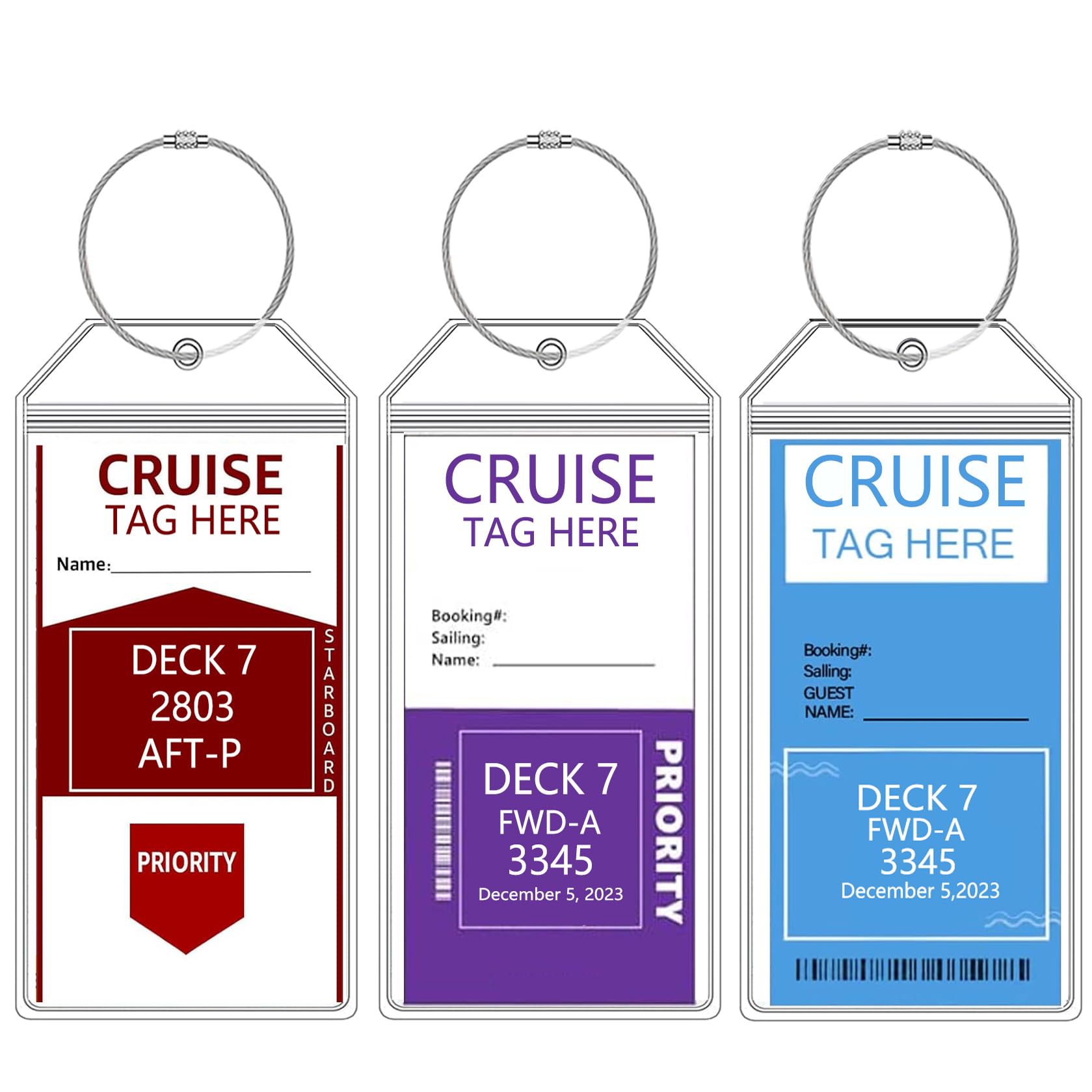 KINGSUM Cruise Luggage Tags (3 Pack, 7.7IN*3.74IN) - Clear, Wide Holders with Waterproof Zip, Reusable Steel Wire Loops, Compatible with Carnival,