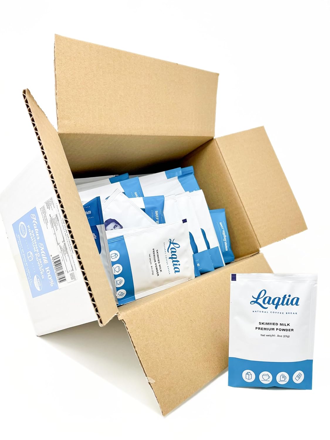 Laqtia Non-Fat Milk Powder, 100ct Bulk Box, Makes 8oz Glass, Non GMO, bST & rBGH Free, 100% European Dairy, Product of Spain