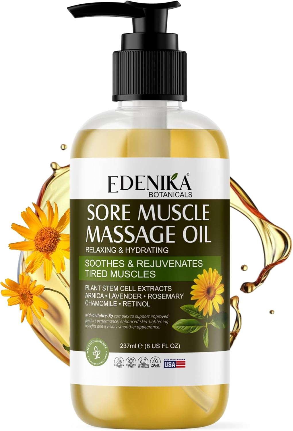 Edenika Botanicals Maximum Strength Sore Muscle Massage Oil for Massage Therapy with Pure Arnica, Deep Muscle Tension Relief & Joint Comfort Rub, Enhancing Circulation & Warming, 8 fl oz