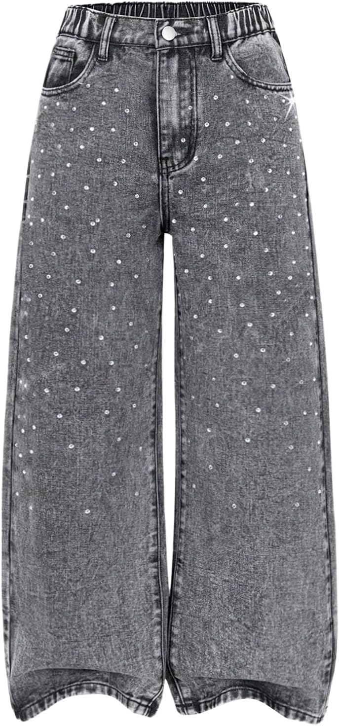 WDIRARA Girl's Sparkly Rhinestone Baggy Jeans High Waisted Washed Wide Leg Denim Pants
