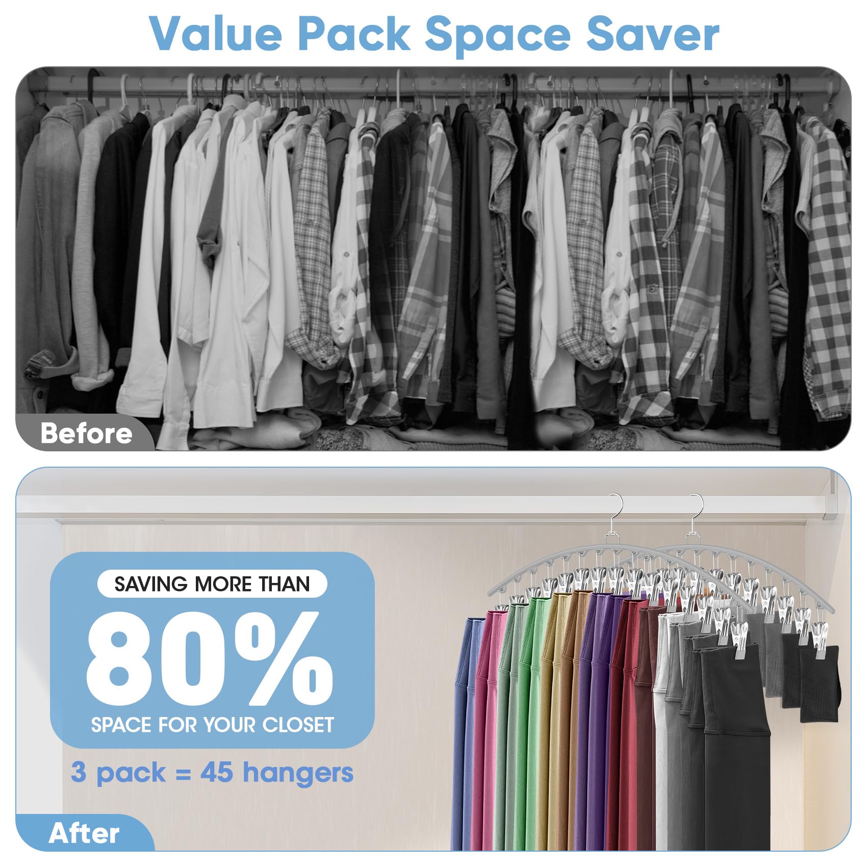 Upgrade Legging-Organizer zum Aufhängen im Schrank, Hosenbügel mit 15 Clips, für 45 Leggings/Hosen/Shorts/Jeans/Röcke, Legging-Kleiderbügel, platzsparender Schrank-Organizer und Aufbewahrung, grau, 3