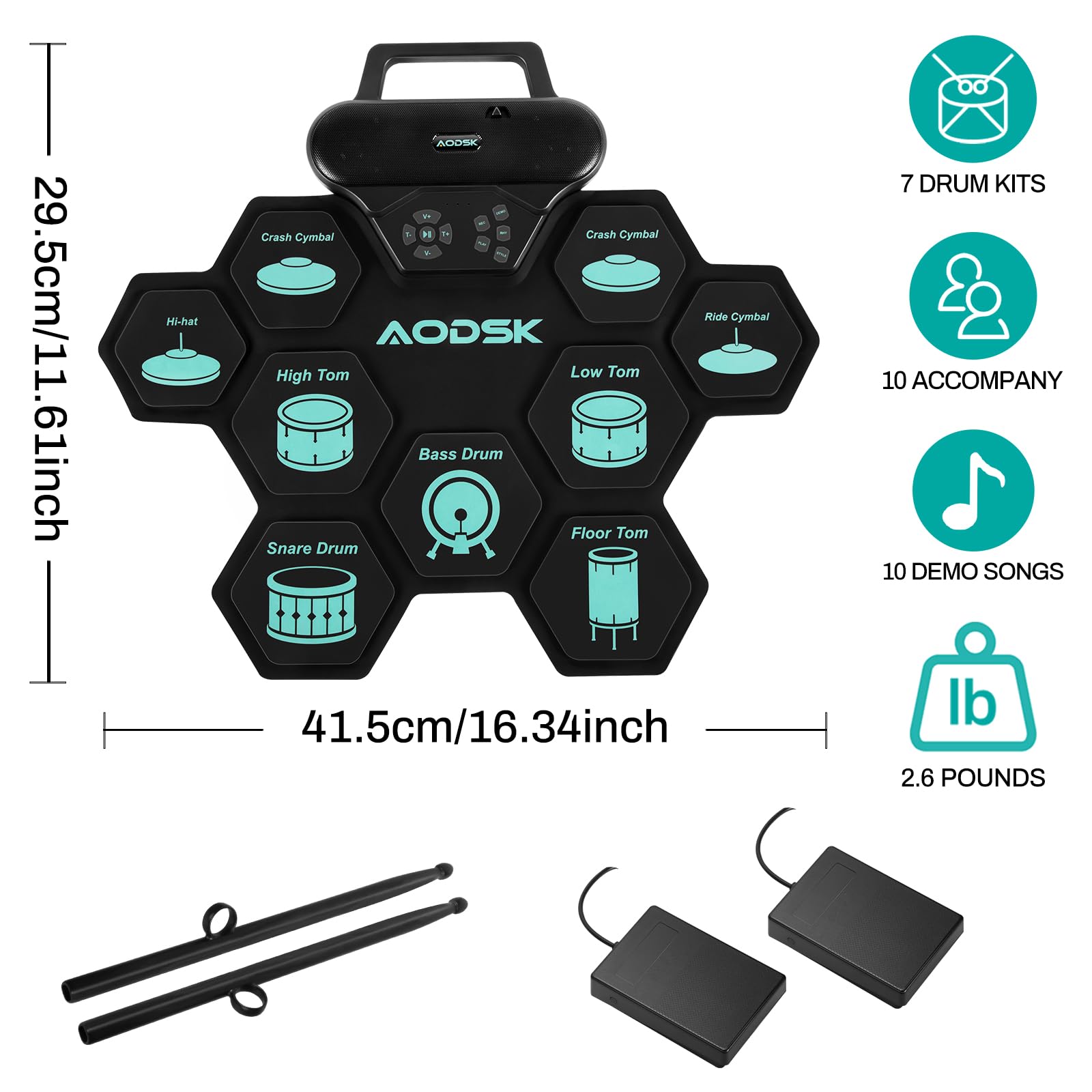 AODSK Set batteria elettronica, 9 pad per esercitarsi con jack per cuffie, macchina arrotolabile con altoparlante integrato, pedali, bacchette, ottimo regalo per Natale, compleanno