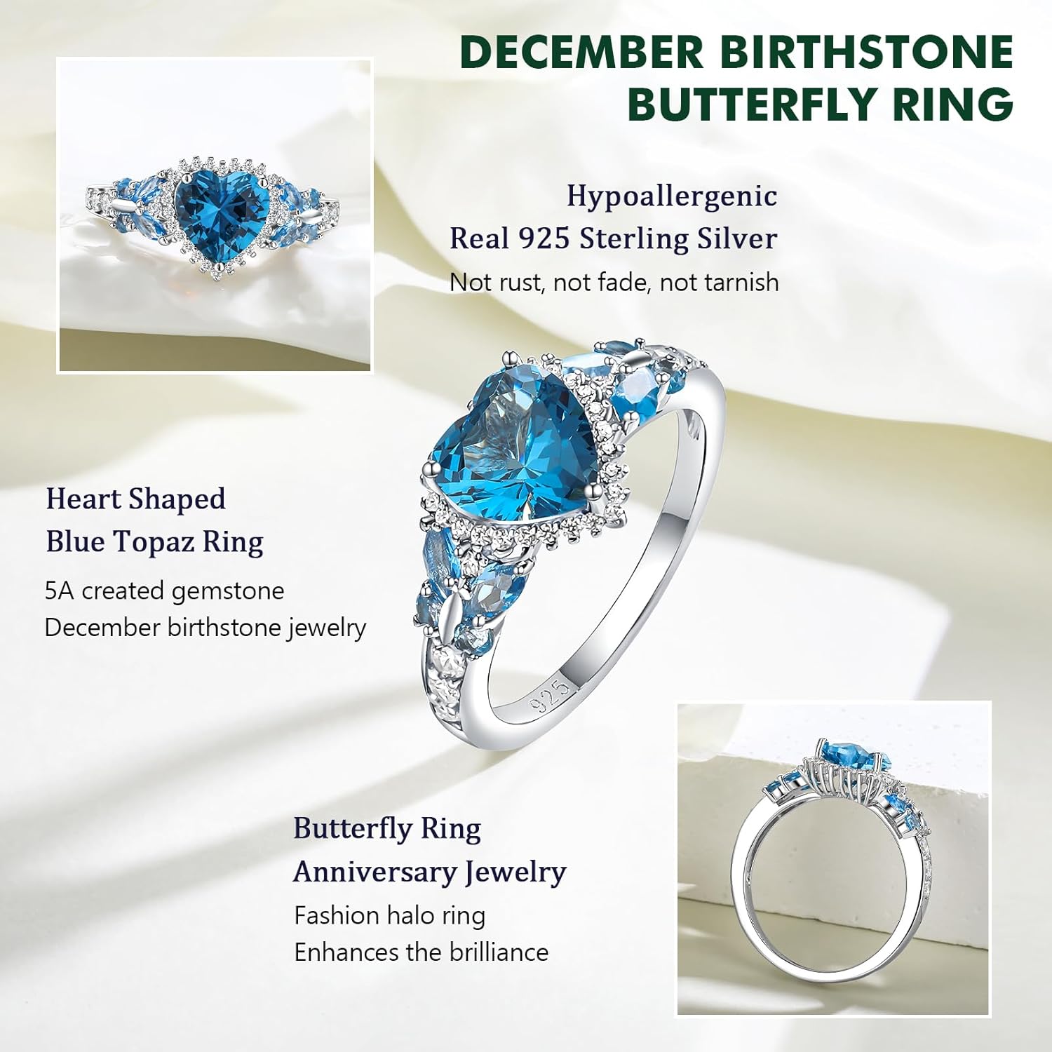 Sterling Silver Butterfly Birthstone Rings for Women, 3 Carat Created Gemstone Diamond Heart/Pear Engagement Halo Ring, Promise Rings for Her, Wedding Anniversary Jewerly Size 6 to 10
