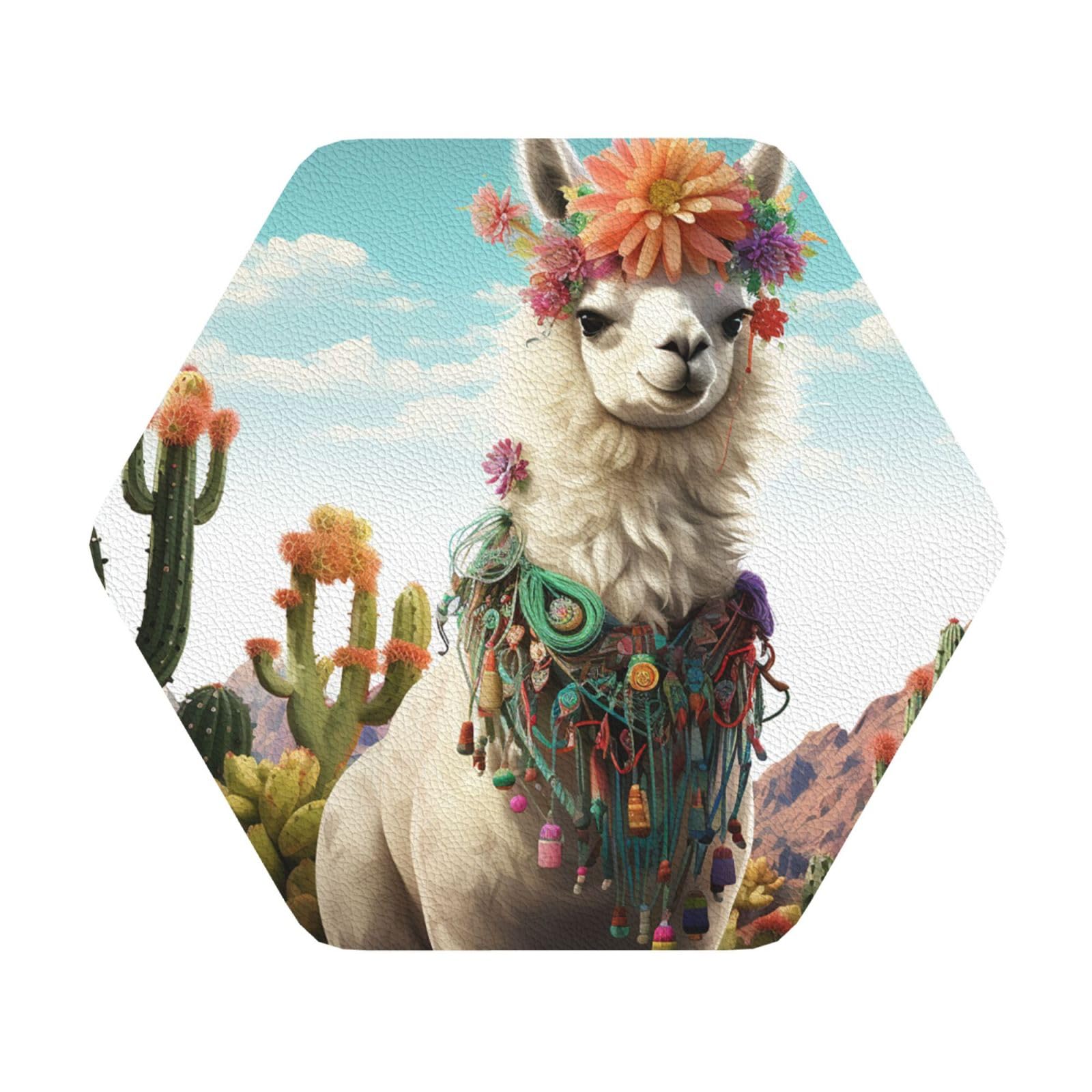 Fodpand Hexagon Mexican Llama Cactus Drink Coasters Set Of 4, Heat Resistant Leather Coasters Fuuny Bar Beer Beverage Coaster For Drinks, Absorbent Cup Mat For Tabletop Protection, Housewarming Gift