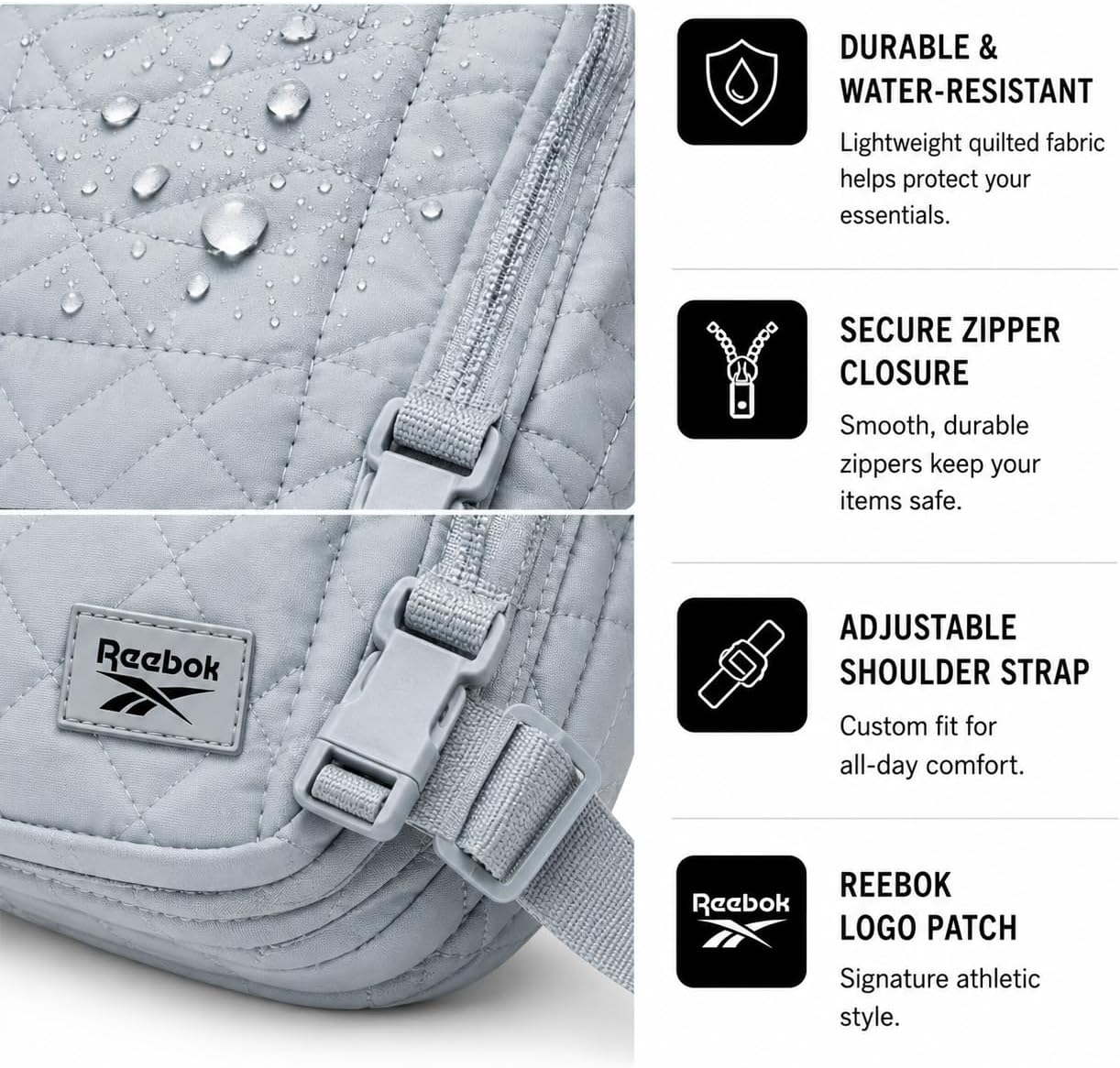 Reebok Womens Quilted Nylon Crossbody Bag, Lightweight Cell Phone Purse image 4