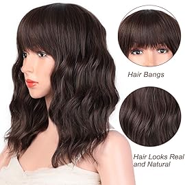 Ucubb Short Curly Wig with Bangs for Women 14 Inches Dark Brown Wavy Bob Wig Synthetic Heat Resistant Fiber Wigs (Dark Brown)