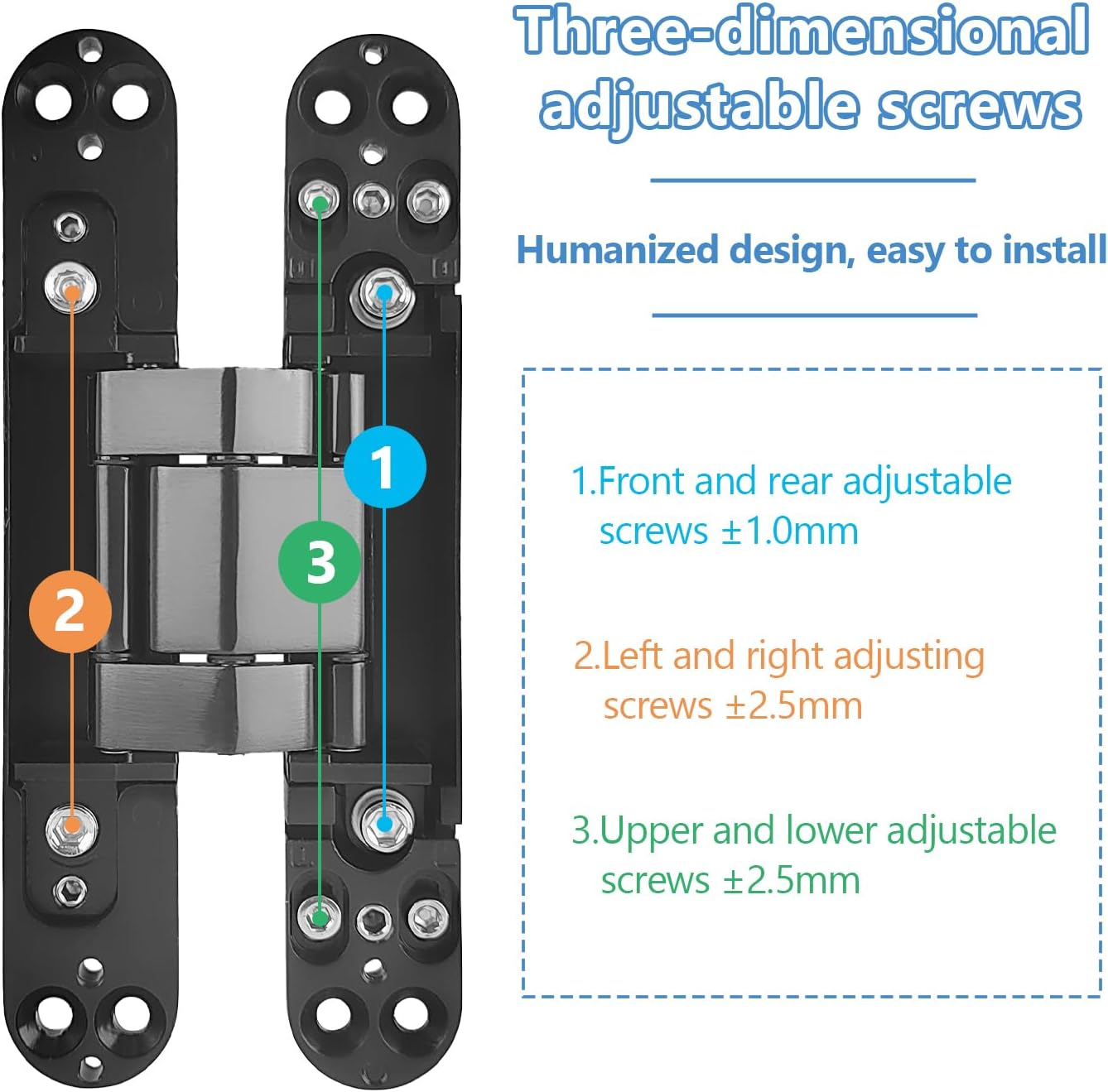 2 Pcs Hidden Door Hinges, Silent Door Hinge, for Murphy Door Hinge Kit Concealed Hinges, 180 Degree Swing Hinge, 3 Way Adjustable Butt Hinge, Load Capacity 40 kg, with Screws (2)