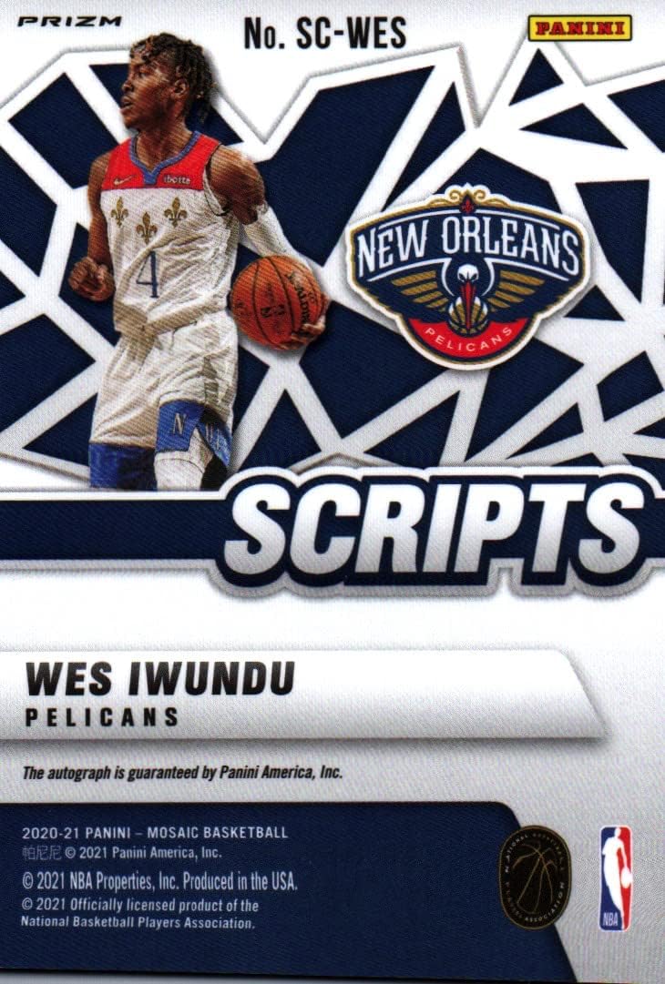 Wes Iwundu Autographed Mosaic Scripts Collectible Basketball Card - 2021 Panini Mosaic Prizm Basketball Card #SC-WES (Pelicans) Free Shipping