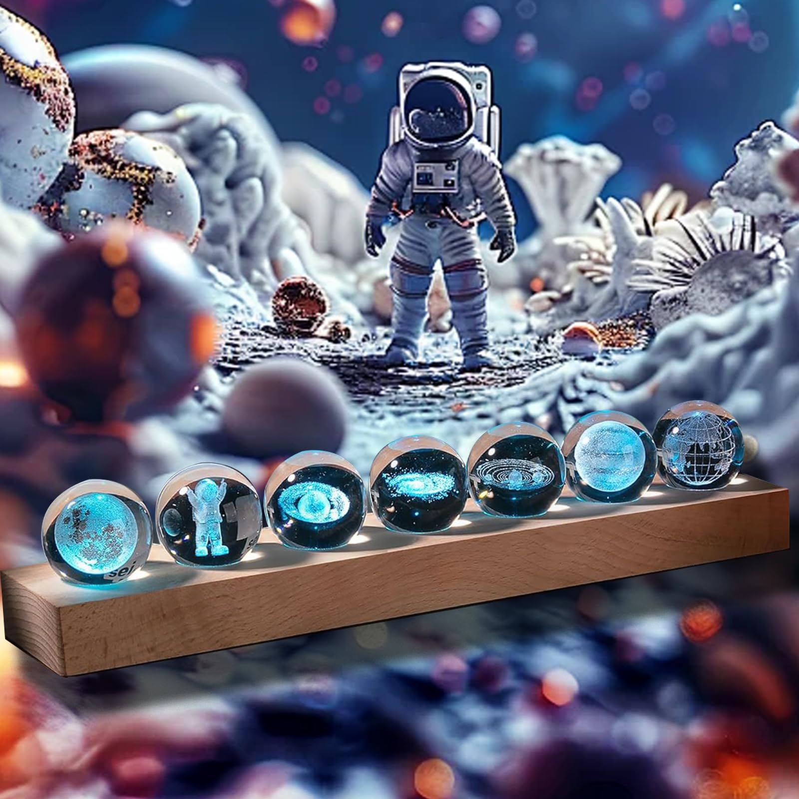 3D Kristallkugel Nachtlicht, 7 Planet Sonnensystem Glaskristallkugeln mit LED Holzsockel, 40mm Glaskugel LED Ball Lampe, Planeten Modell Kristallkugel Schreibtisch Dekor Astronomie Geschenk