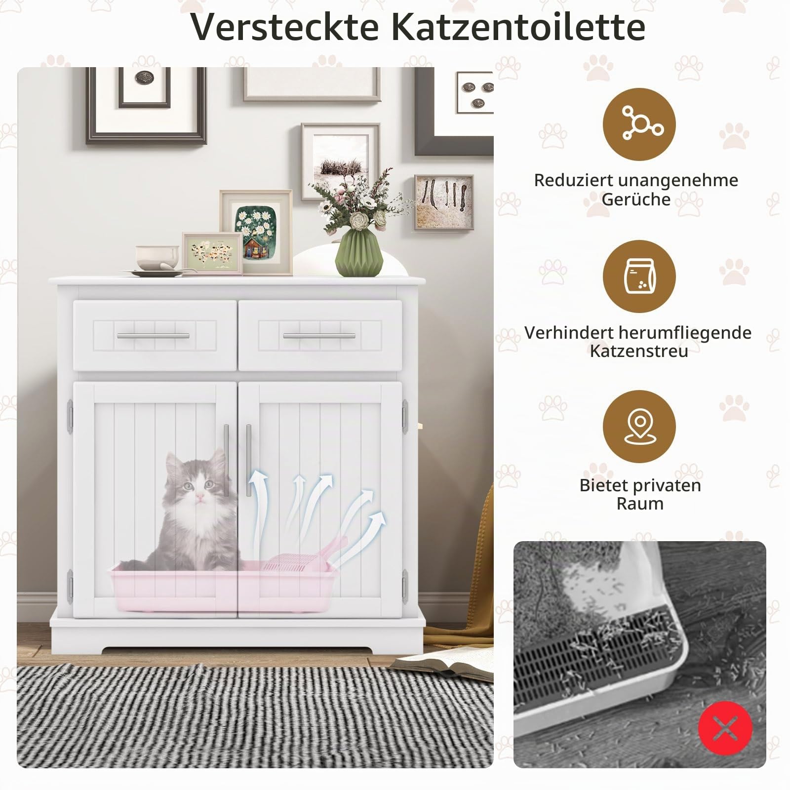 SOARS Katzenschrank, Katzenklo Schrank 3 in 1 mit 2 Türen und 2 Schubladen, Anti-Kipp-Vorrichtung & Seiteneingang, Katzenhaus Katzenhöhle Katzenkommode für Innenbereich, 80 x 45 x 80 cm