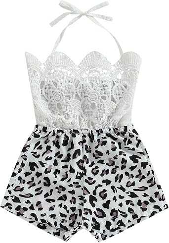 VISGOGO Baby Girls Romper Short Jumpsuit Sleeveless Tie-up Halterneck Leopard Print Patchwork Summer Bodysuit