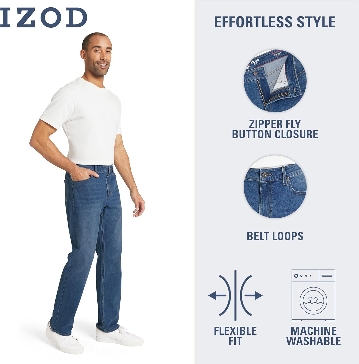 Izod Men's 5 Pocket Straight Fit Stretch Waist Denim Jeans