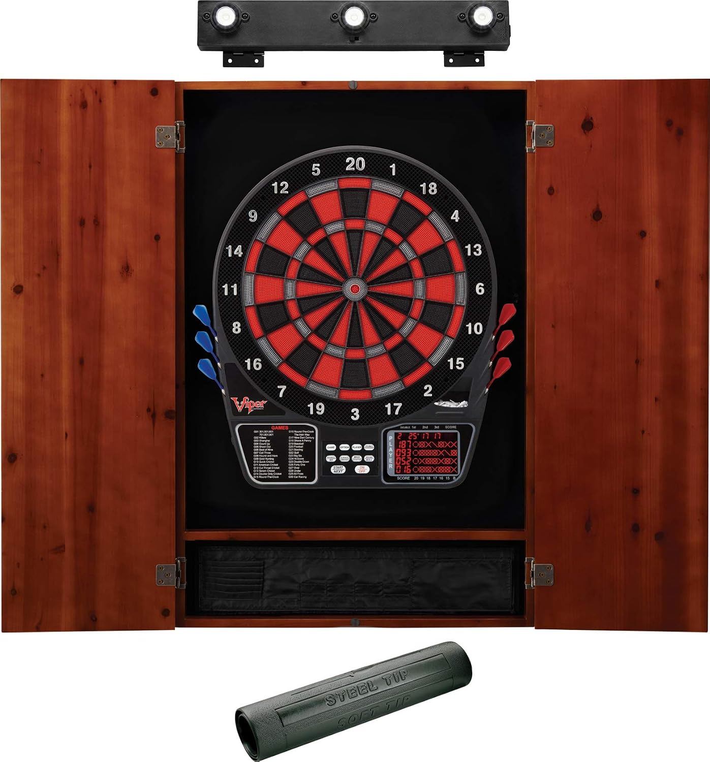 Viper Electronic Dartboard, Metropolitan Cinnamon Cabinet & Shadow Buster Dartboard Light Bundle