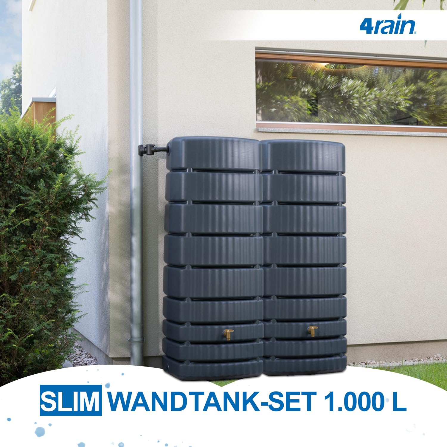 4rain Slim Wandtank-Set Regentonne 1000 Liter Graphite Grey, 2 x Slim | 500 Liter inkl. Verbinder, Wassertank, Fass, Regenfass, Regenwassertonne, Regenwassertank, Wasserbehälter, Wassertonne