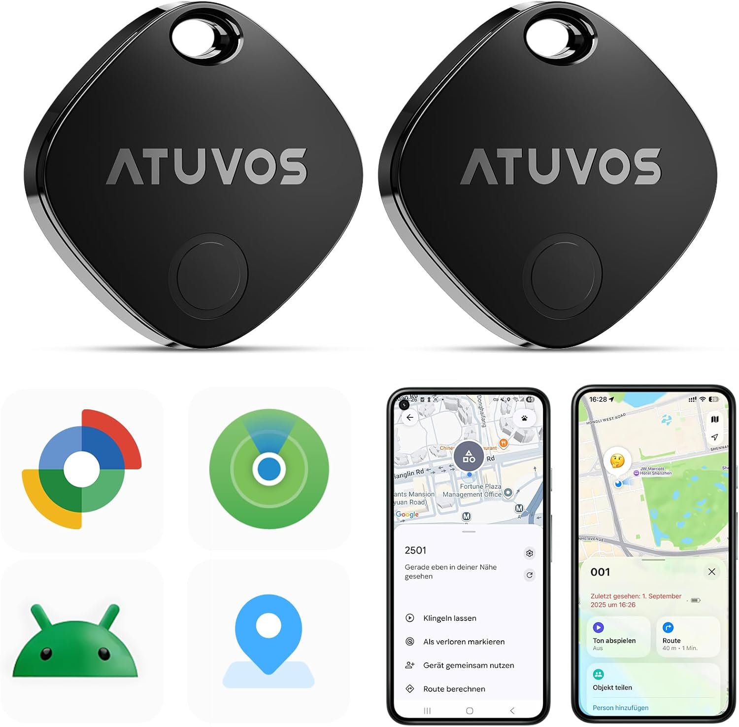 ATUVOS Air Tag Pro Smart Tags Tracker für Android &amp; iOS, Neu Dual-System Schlüsselfinder kompatibel mit Google Mein Gerät Finden or Apple Wo ist? App, Smarttag Keyfinder für Gepäck, Koffer, 2er Pack.