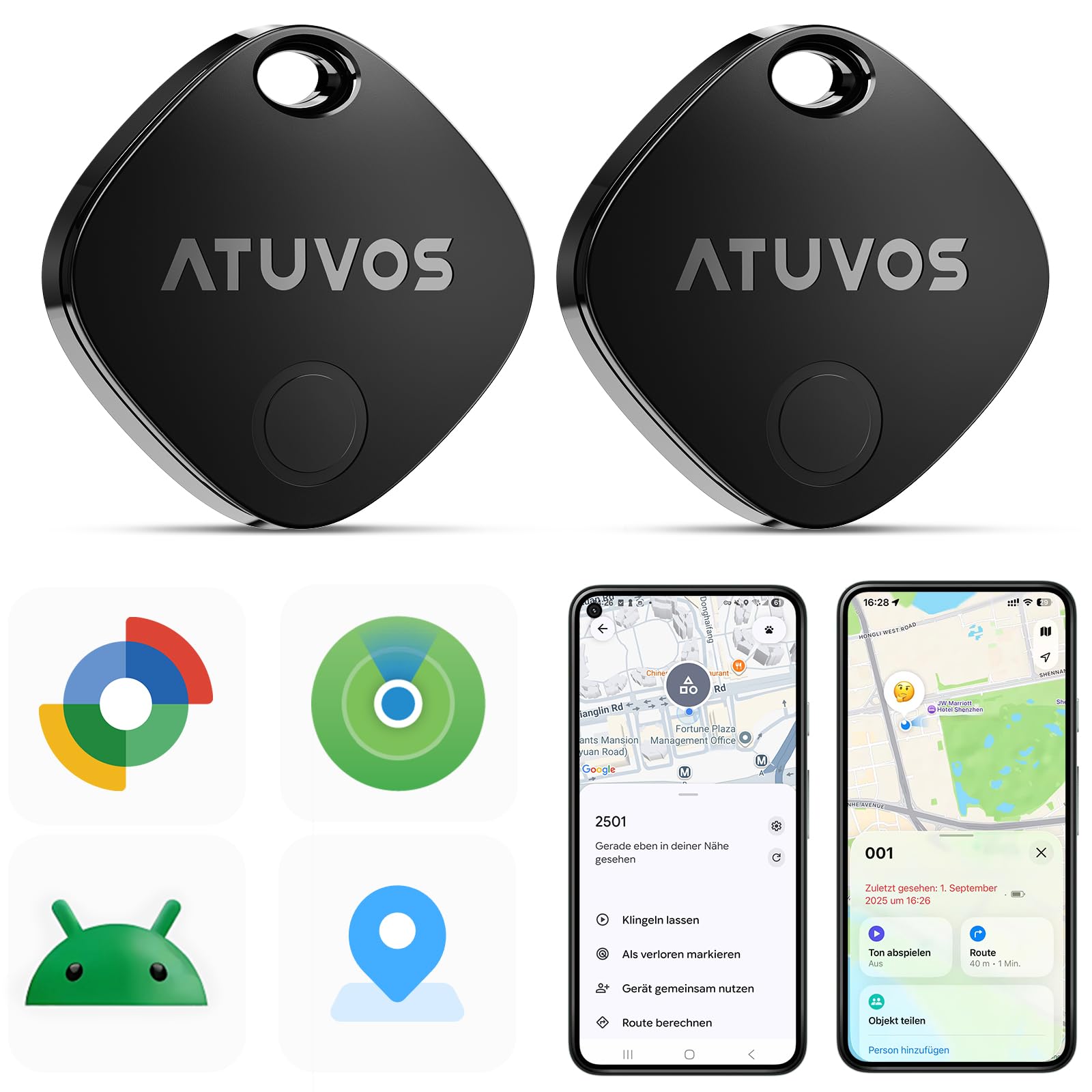 ATUVOS Air Tag Pro Smart Tags Tracker für Android & iOS, Neu Dual-System Schlüsselfinder kompatibel mit Google Mein Gerät Finden or Apple Wo ist? App, Smarttag Keyfinder für Gepäck, Koffer, 2er Pack.
