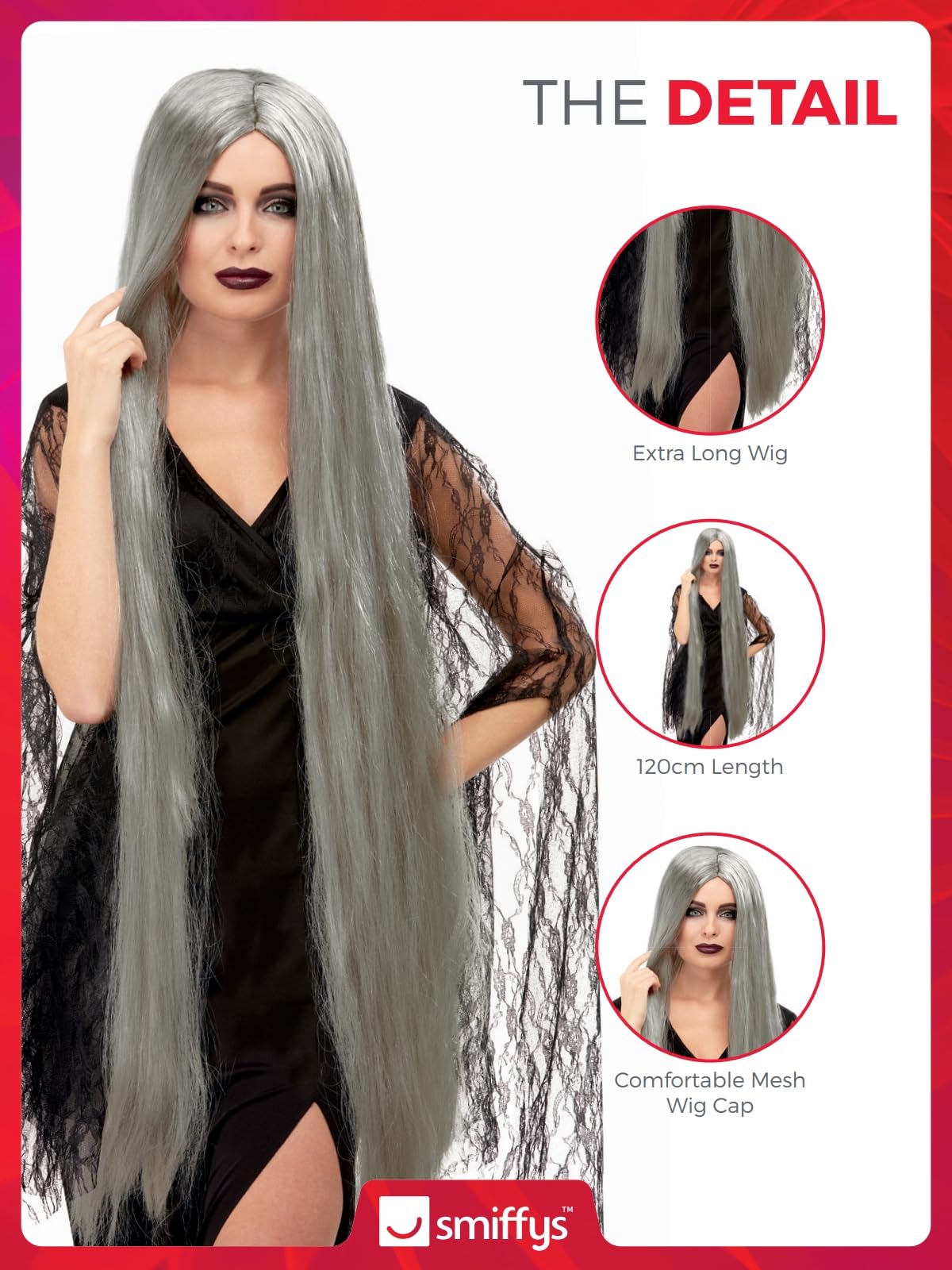 Smiffys Witch Wig Extra Long, Grey 120cm Long, Halloween Fancy Dress Accessory, Witch Dress Up Wigs - Image 4