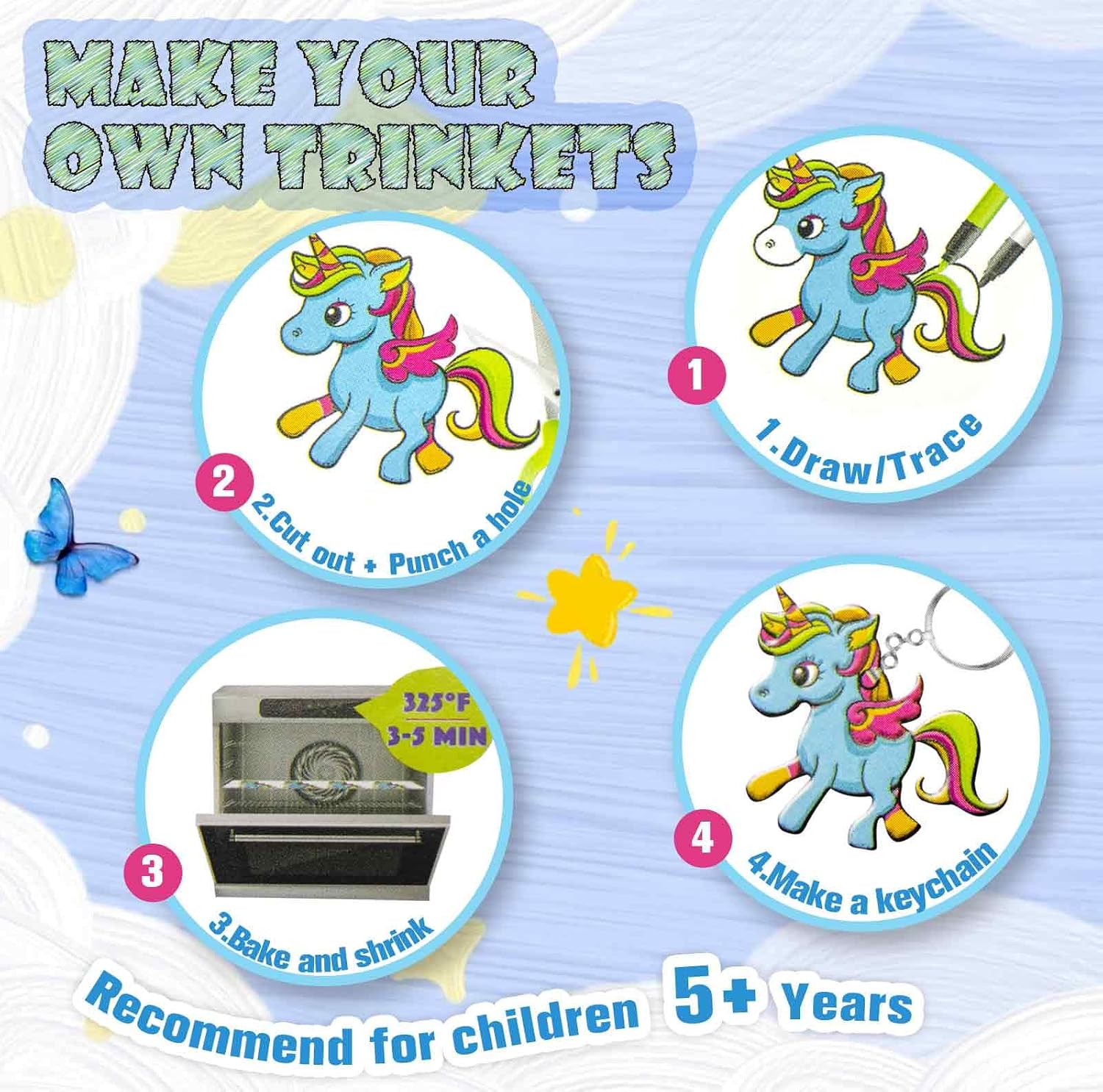Shrink Plastic Sheets Kit, Includes 10Pcs Shrinky Art Paper, 6 Key Chains 6 Magnetic Squares and Traceable Pictures, Design Shrink Dinks Creation Gift