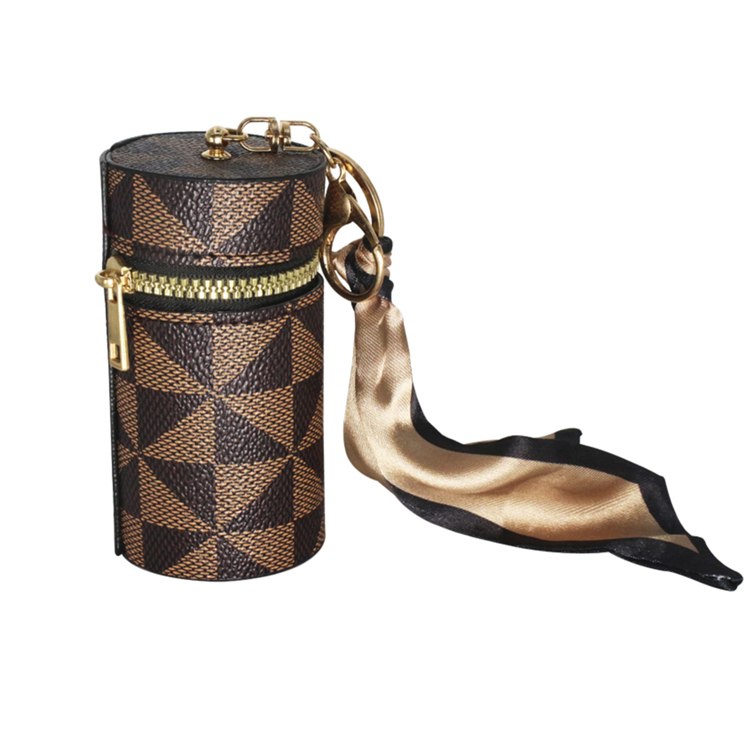 Jinweixb Cylindrical lipstick storage box, brown synthetic leather, with buckle decoration strap, makeup and jewelry manager, coffee color