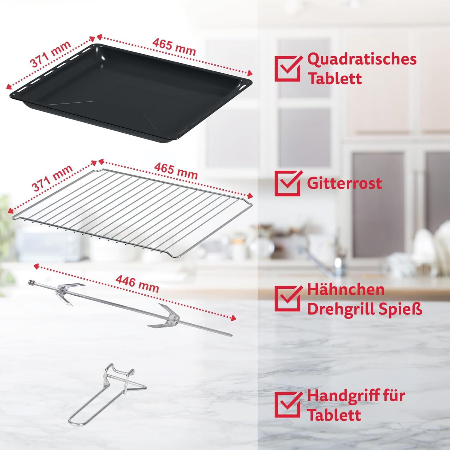Image showing the square baking tray, wire rack, rotisserie spit, and handle for the tray included with the ICQN Mini Electric Oven