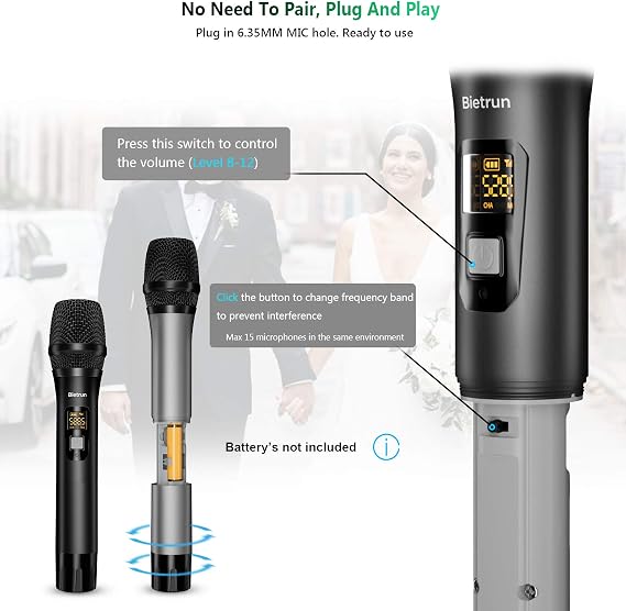 Wireless Microphone with Bluetooth, Professional UHF Dual Handheld Dynamic Metal Mic System Set with Rechargeable Receiver, 160 ft Range, 1/4''Output, for Karaoke Machine, Singing, Amp, PA Speaker