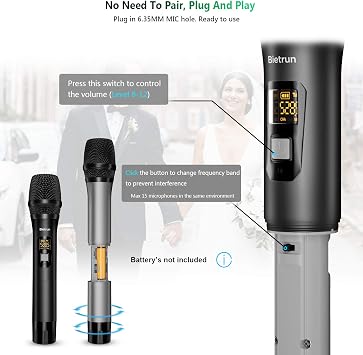 Wireless Microphone with Bluetooth, Professional UHF Dual Handheld Dynamic Metal Mic System Set with Rechargeable Receiver, 160 ft Range, 1/4''Output, for Karaoke Machine, Singing, Amp, PA Speaker