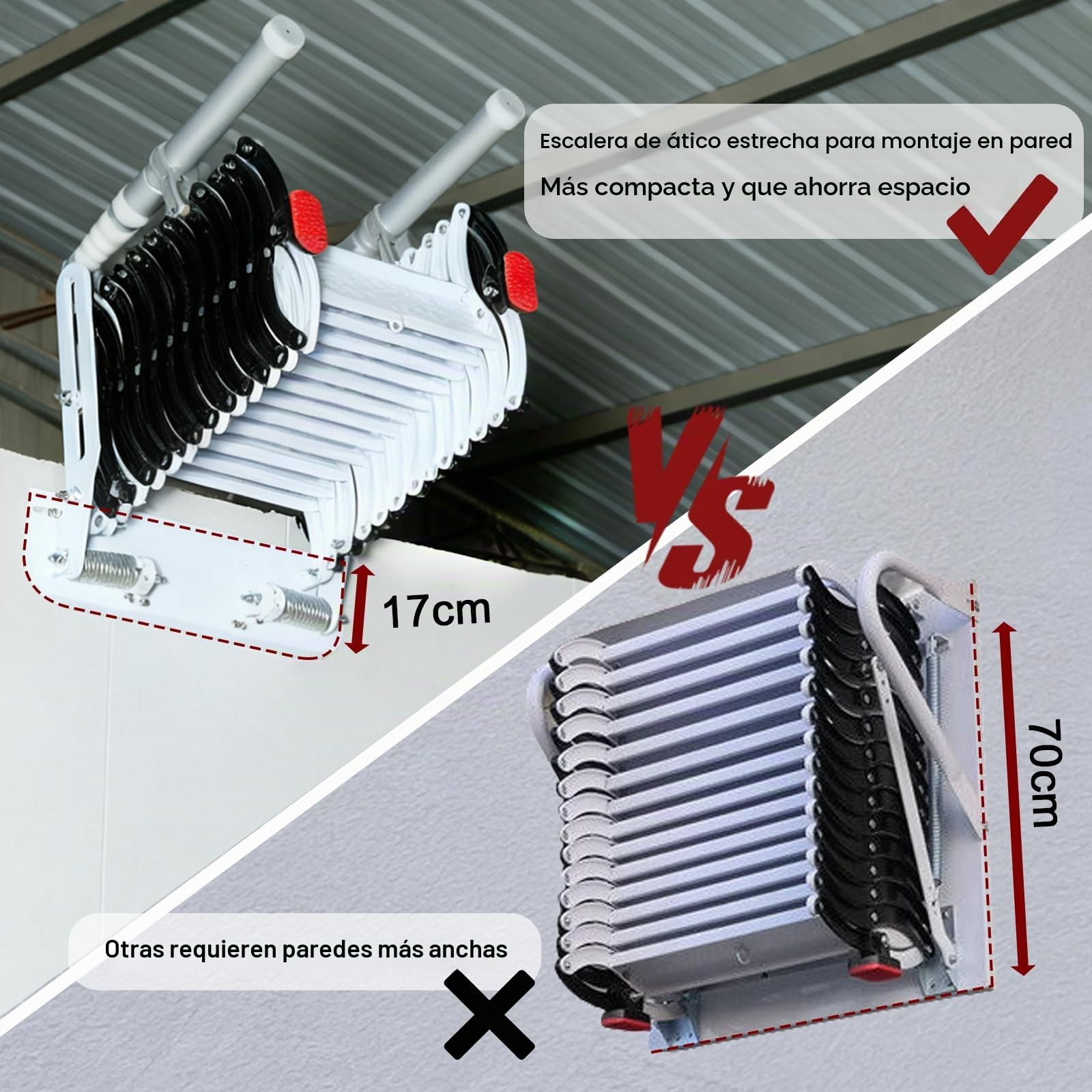 2.5m Escalera de ático de Pared, Escalera Mural retráctil con 2 pasamanos, Escalera retráctil de ático de 10 escalones, Plegable y abatible, para Interiores, almacenes, sótanos y garajes (2.45-2.55m)