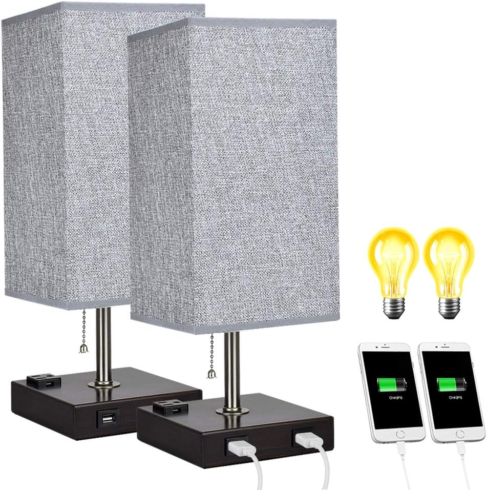 Depuley USB Table Lamp for Bedroom, Minimalist Nightstand Table Lamp with Dual USB Ports, Bedside Desk Lamps with Grey Fabric Shade Side Lamps for Living Room, Office, Kids Room, Study (Set of 2)